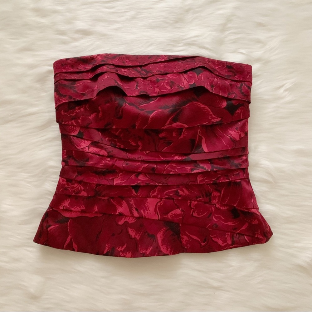 Red Floral Satin Sweetheart Strapless Top